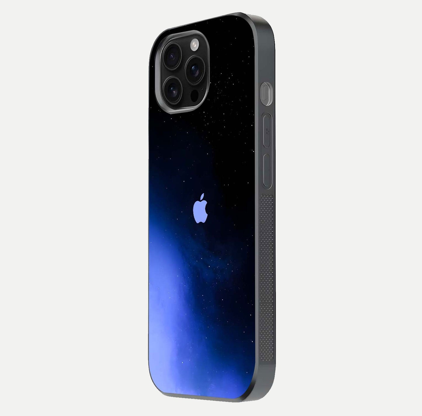 Cosmic Blue Apple Glass Case for iPhone 16 Pro Max side-angle image showing curve polish and star detail