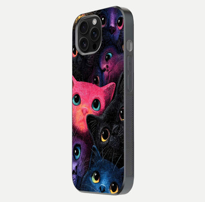 Cosmic Cats Dreams Glass Case for iPhone 16 Pro Max side-angle photo showing edge gloss and color depth