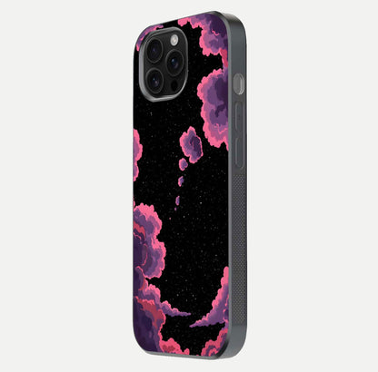 Cosmic Cloud Journey Glass Case for iPhone 16 Pro Max side-angle photo showing glass reflection and smooth tone