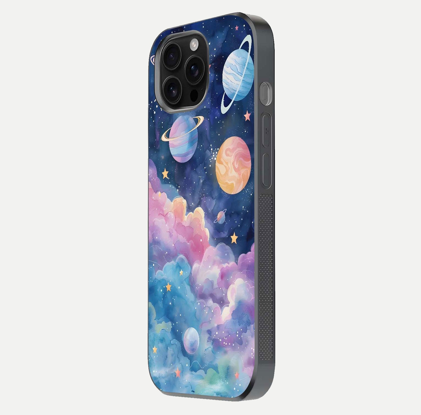 Cosmic Planet Dreams Glass Case for iPhone 16 Pro Max side-angle image showing texture clarity and shine