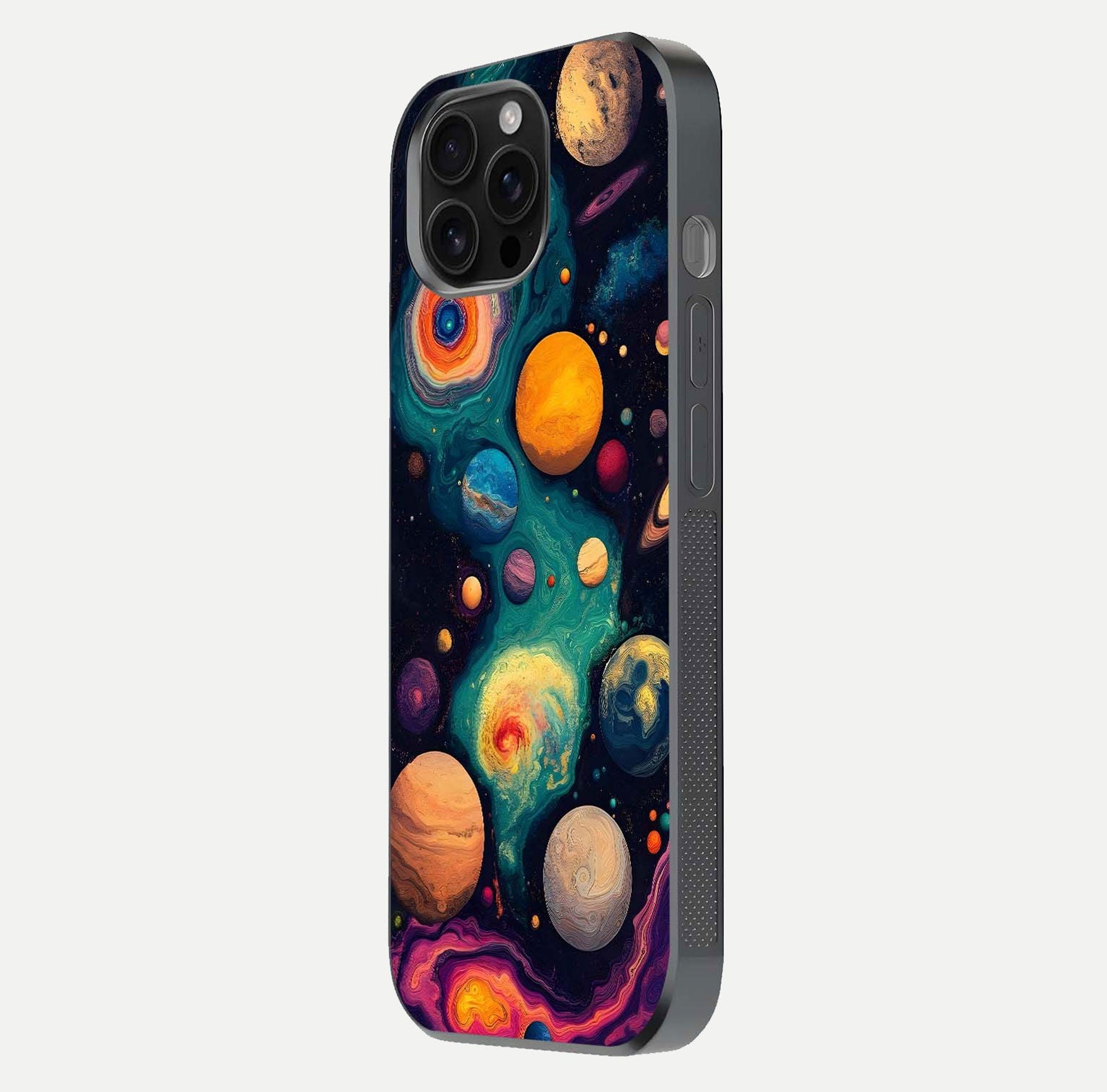 Cosmic Planet Journey Glass Case for iPhone 16 Pro Max side-angle image capturing smooth gloss and reflective edges