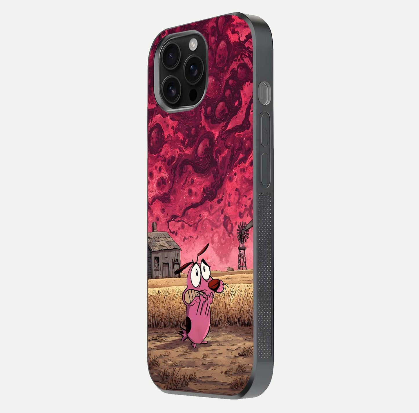 Courage Under Sky Glass Case for iPhone 16 Pro Max side-angle photo showing gloss tone and curve highlight