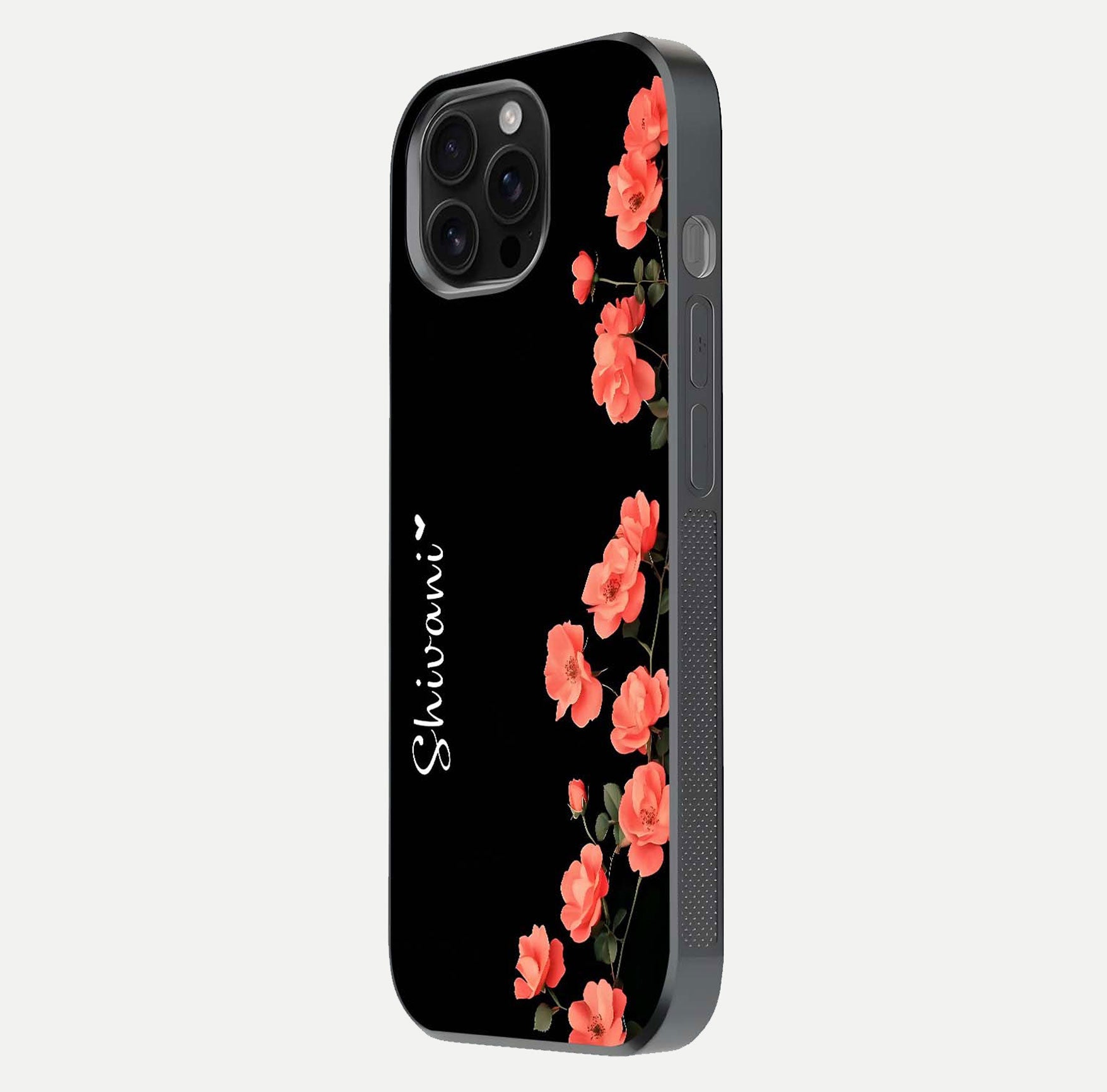 Crimson Bloom Grace Custom Name Glass Case for iPhone 16 Pro Max side-angle photo capturing edge glow and name clarity