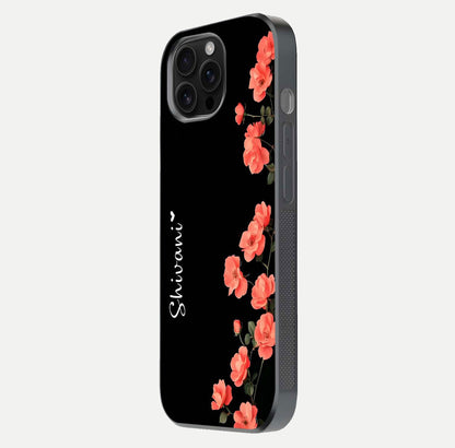 Crimson Bloom Grace Custom Name Glass Case for iPhone 16 Pro Max side-angle photo capturing edge glow and name clarity