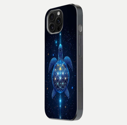 Crimson Blue Turtle Glass Case for iPhone 16 Pro Max side-angle photo showing curved edge and glass gloss