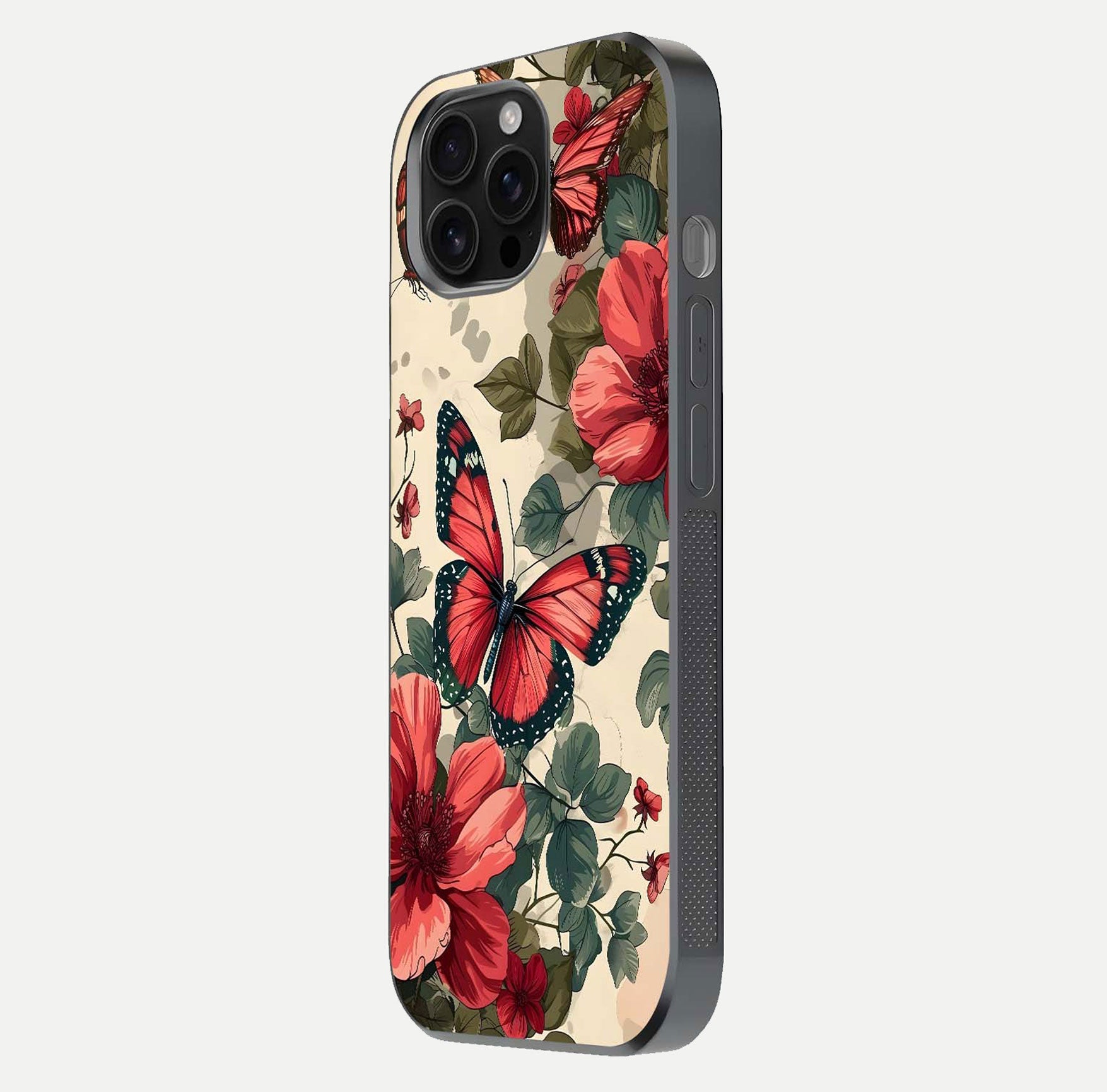 Crimson Butterfly Garden Glass Case for iPhone 16 Pro Max side-angle photo capturing gloss texture and soft tone