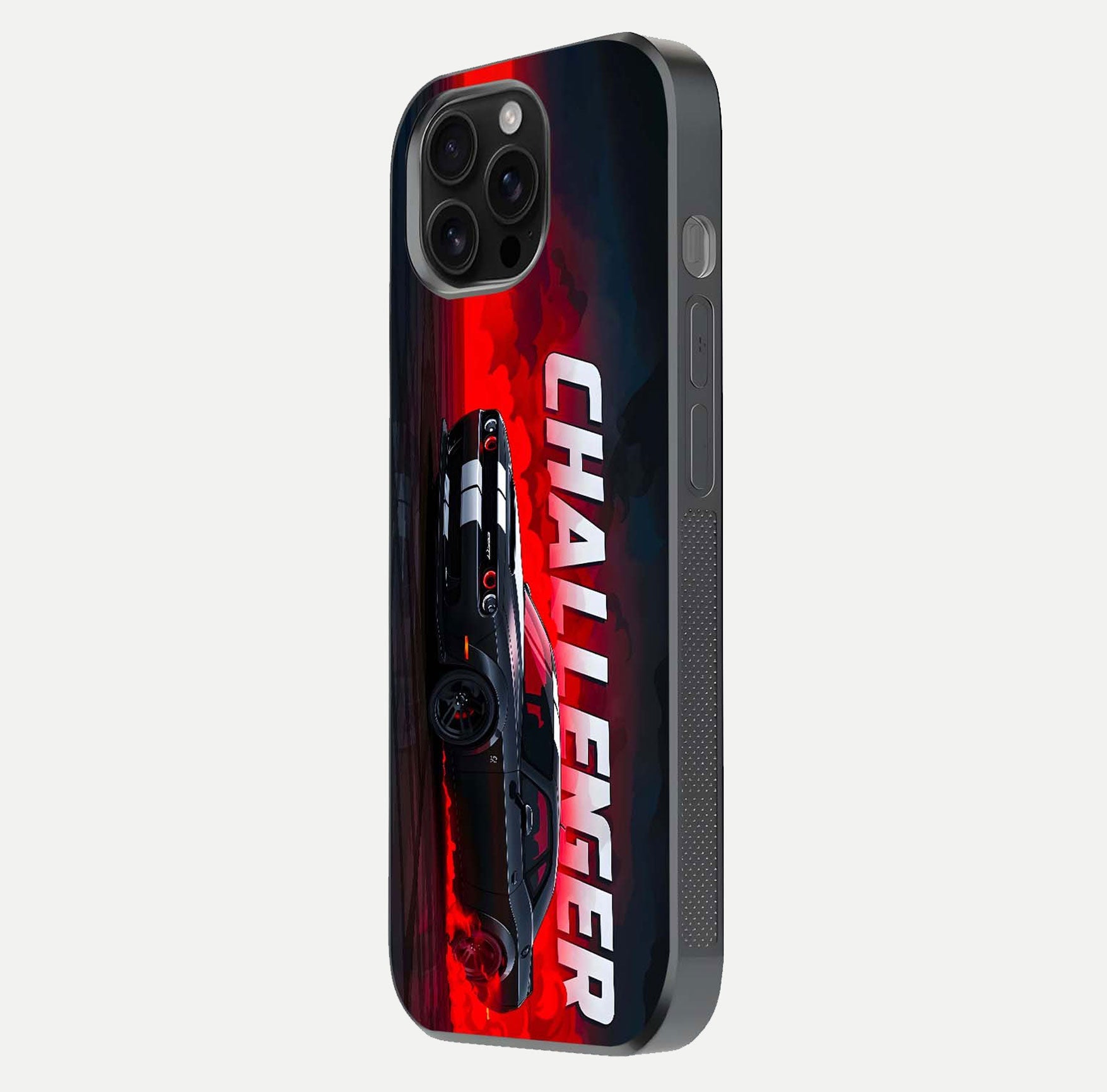 Crimson Challenger Fury Glass Case for iPhone 16 Pro Max side-angle image showing curve reflection and red finish
