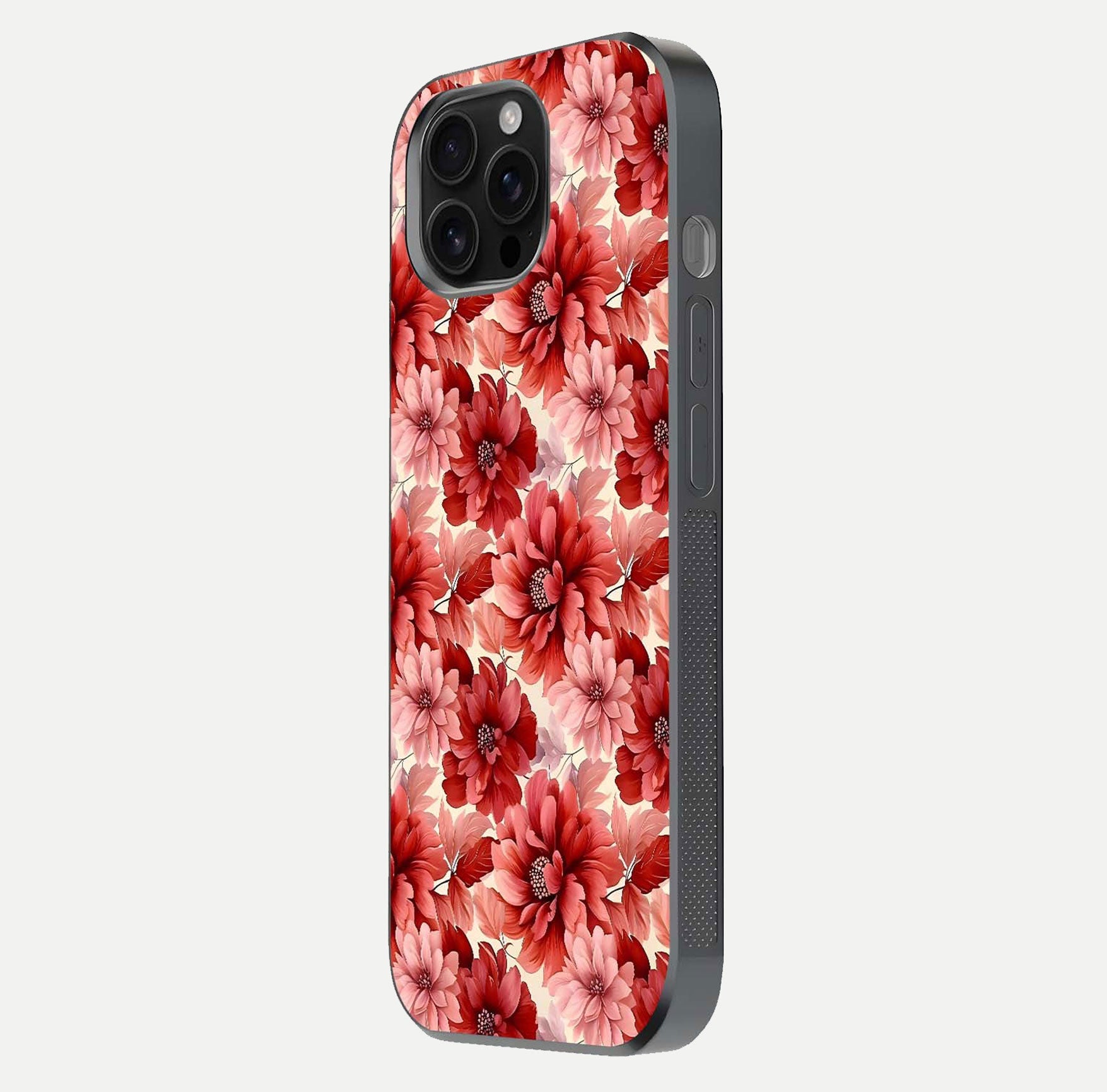 Crimson Love Petals Glass Case for iPhone 16 Pro Max side-angle photo showing reflection glow and edge clarity