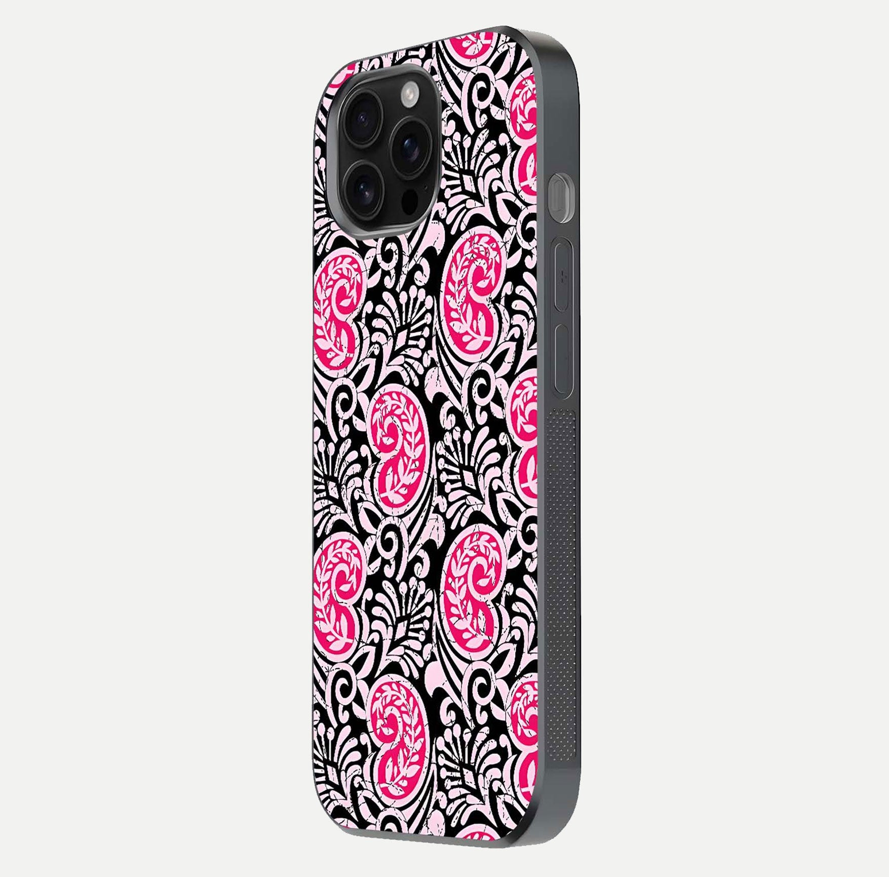 Crimson Paisley Charm Glass Case for iPhone 16 Pro Max side-angle image showing reflection and smooth edges