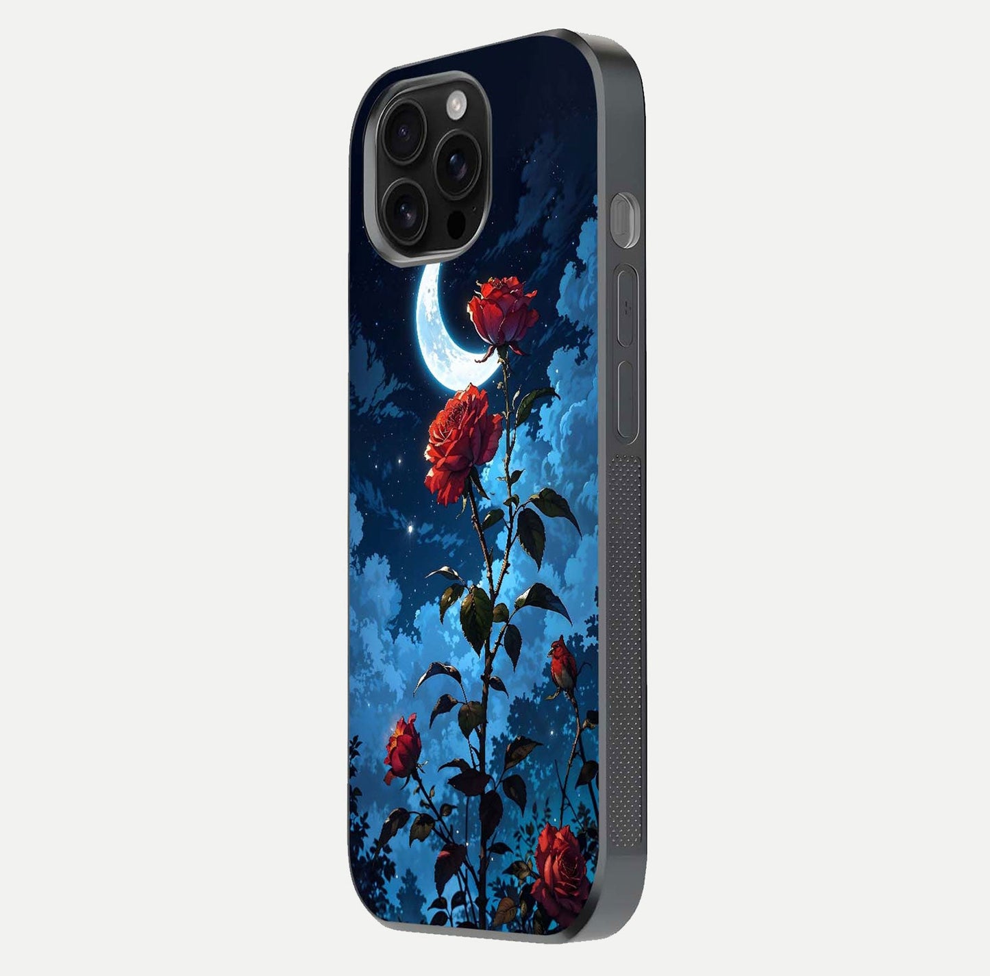 Crimson Rose Moon Glass Case for iPhone 16 Pro Max side-angle photo showing reflective texture and smooth curve