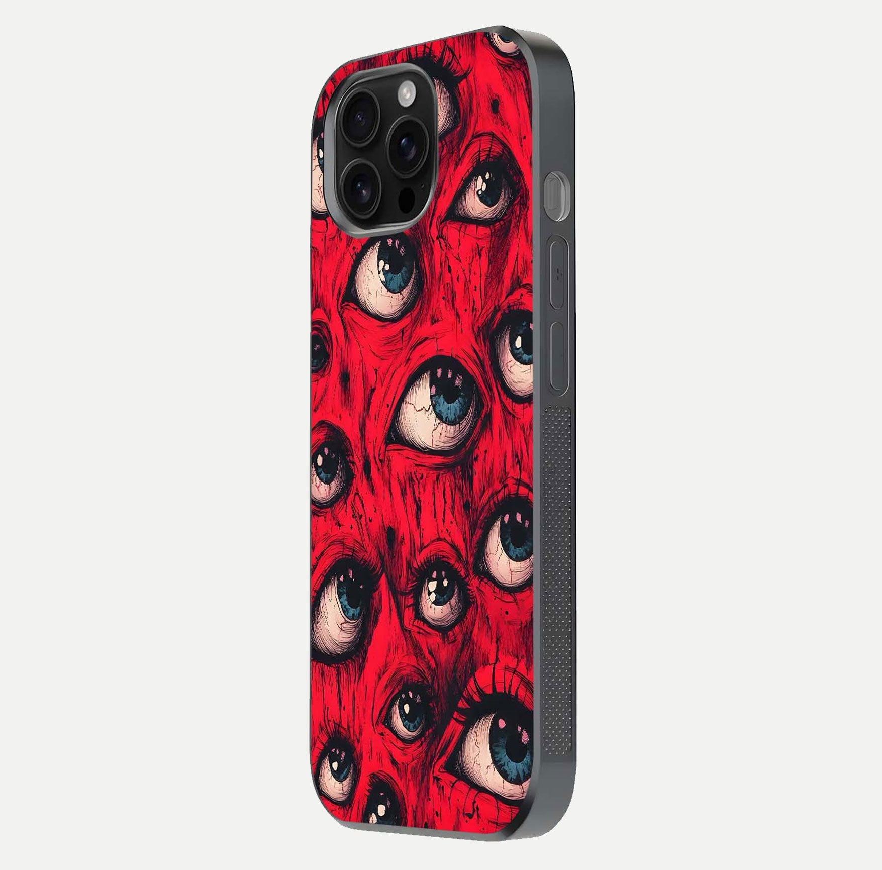Crimson Watch Eyes Glass Case for iPhone 16 Pro Max side-angle photo showing reflection texture and shine