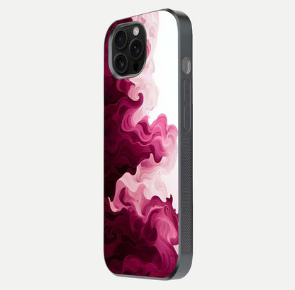 Crimson Wave Flow Glass Case for iPhone 16 Pro Max side-angle photo showing reflection glow and HD finish
