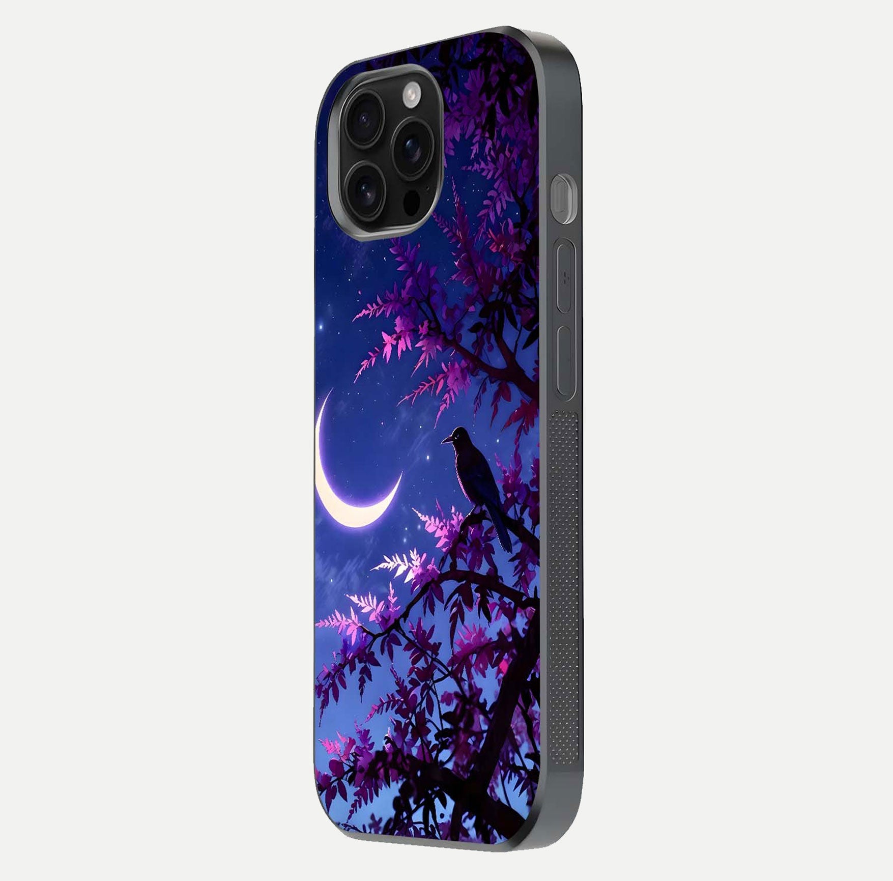 Crow & Moon Scenery Glass Case for iPhone 16 Pro Max side-angle photo capturing glossy shine and artistic contrast
