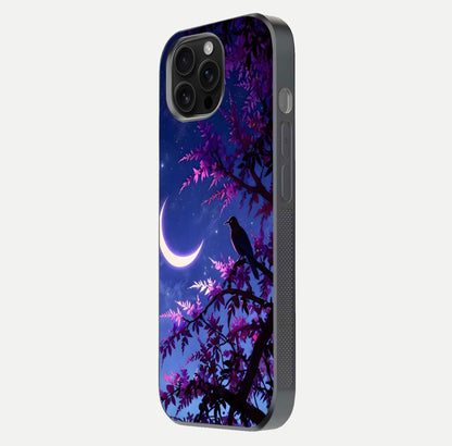 Crow & Moon Scenery Glass Case for iPhone 16 Pro Max side-angle photo capturing glossy shine and artistic contrast