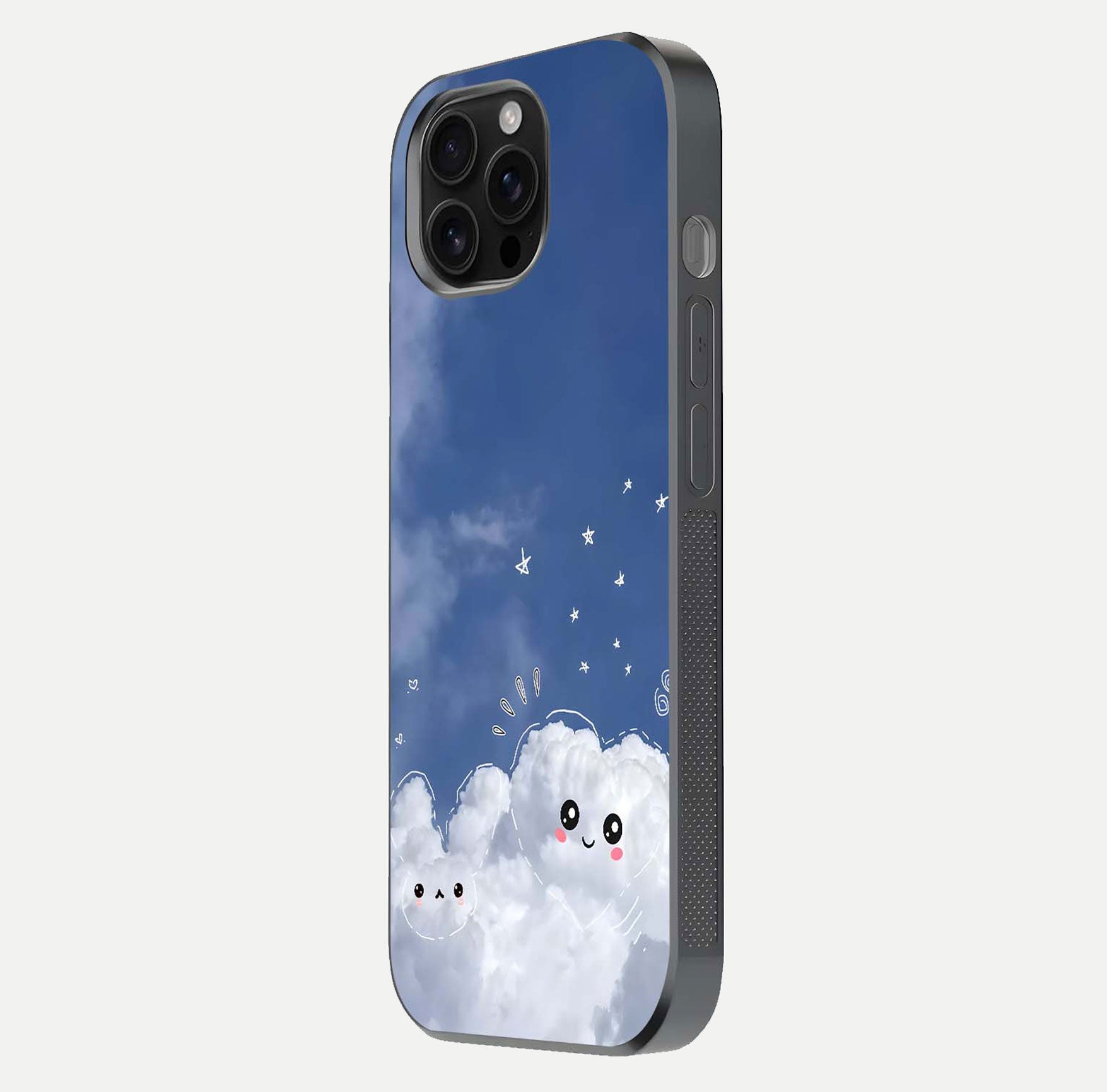 Cute Blossom Cloud Glass Case for iPhone 16 Pro Max side-angle image capturing gloss texture and curve reflection