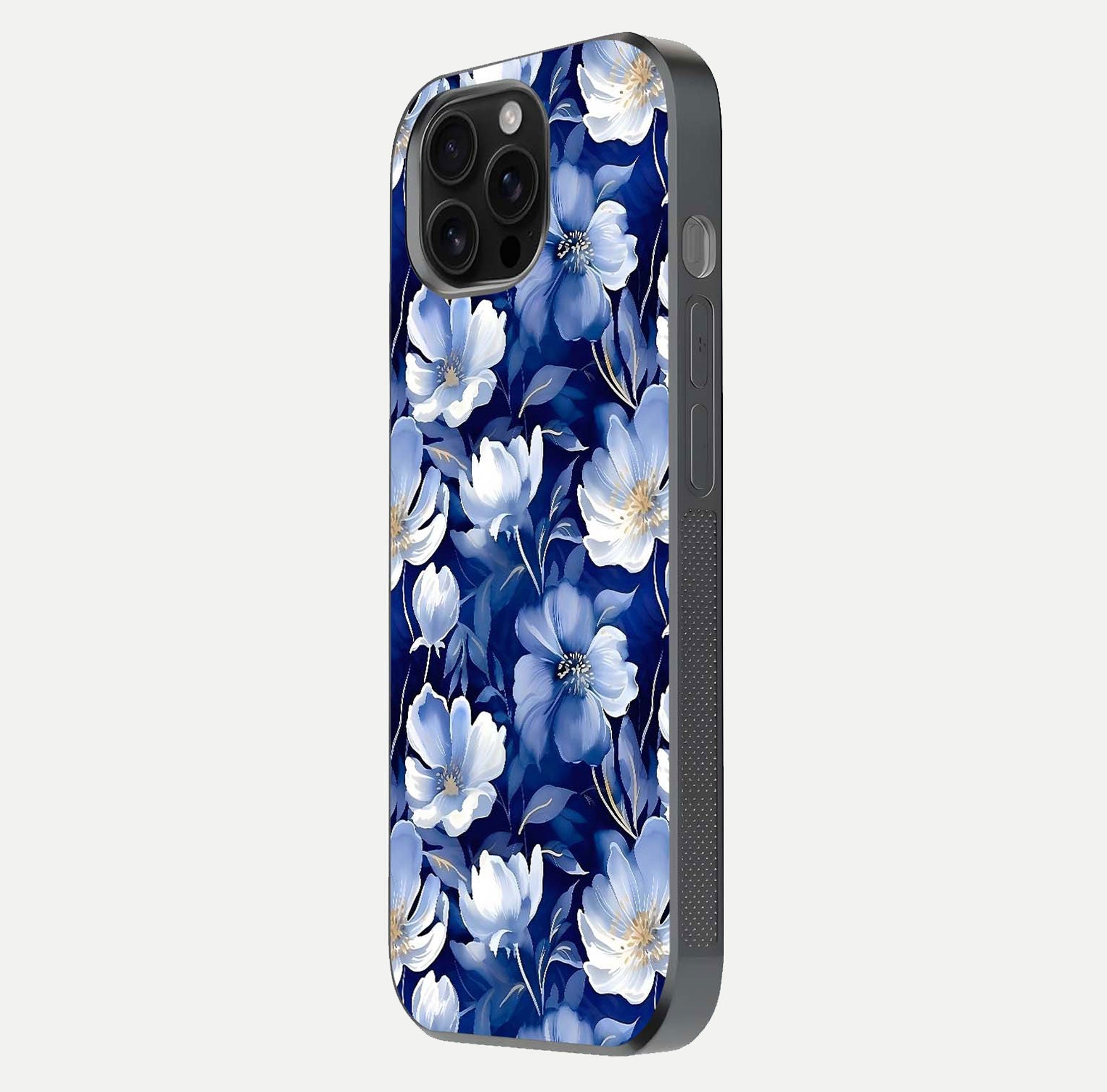 Cute Floral Patterns Glass Case for iPhone 16 Pro Max side-angle image showing polished surface and gloss tone