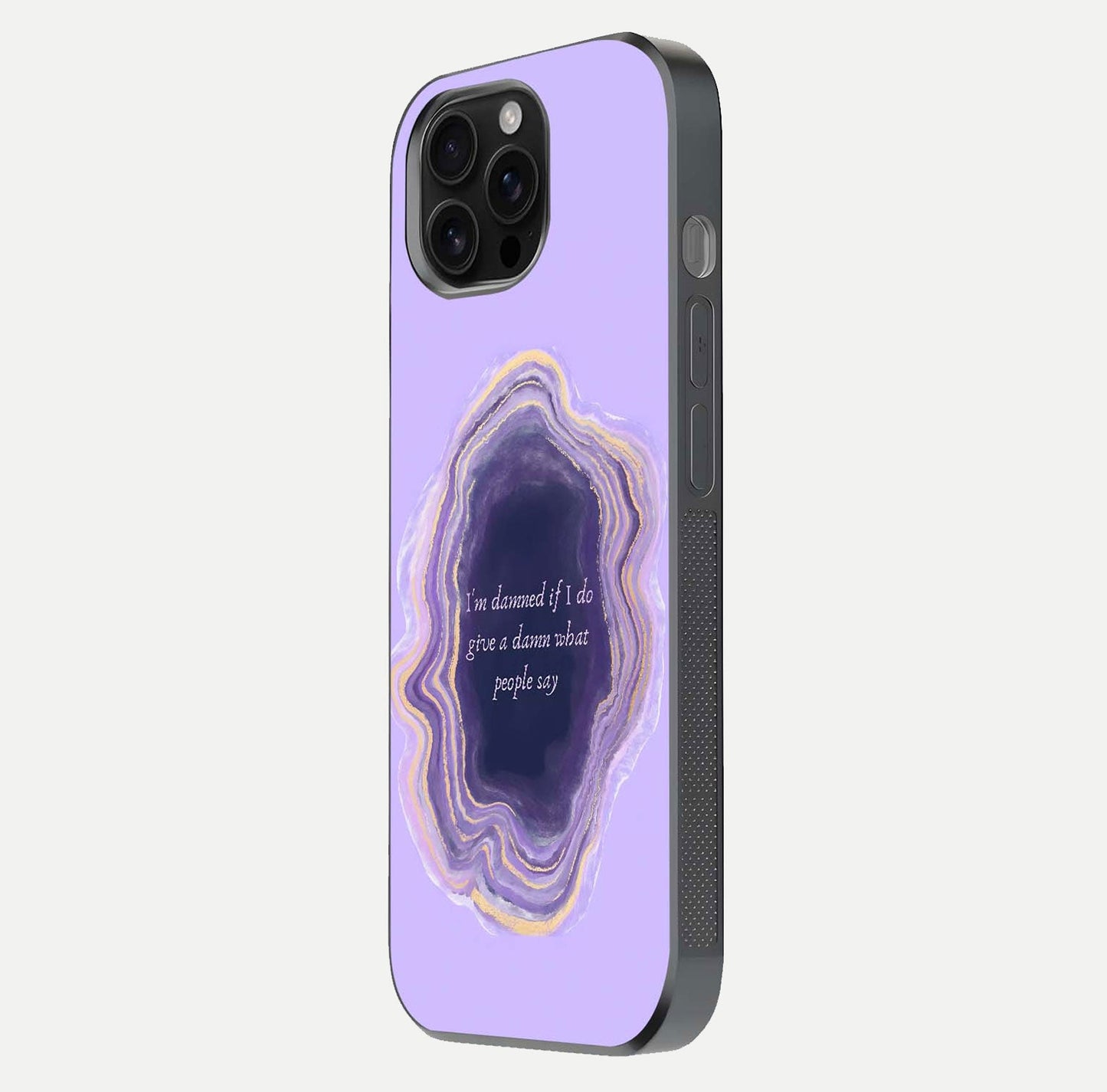 Damned People Quote Glass Case for iPhone 16 Pro Max side-angle image showing light shine and smooth edges