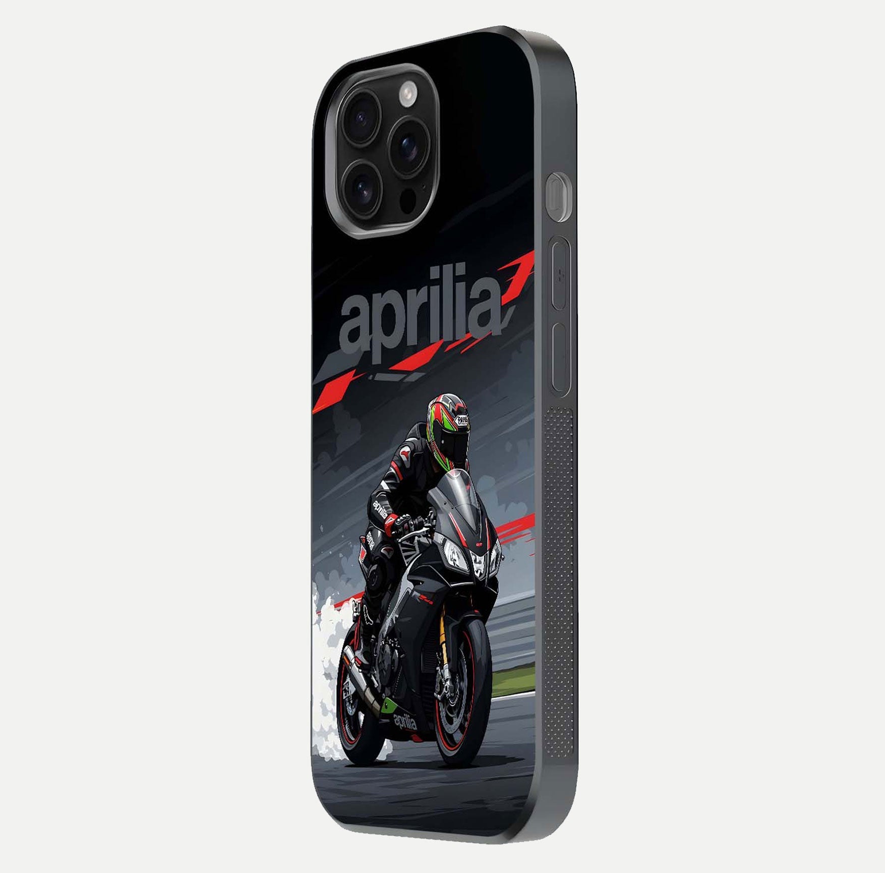 Dark Aprilla Glass Case for iPhone 16 Pro Max side-angle photo showing reflection gloss and curved edge finish