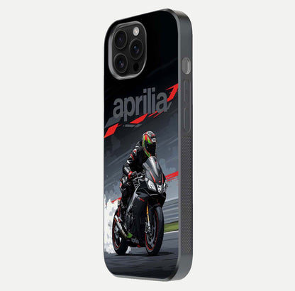 Dark Aprilla Glass Case for iPhone 16 Pro Max side-angle photo showing reflection gloss and curved edge finish