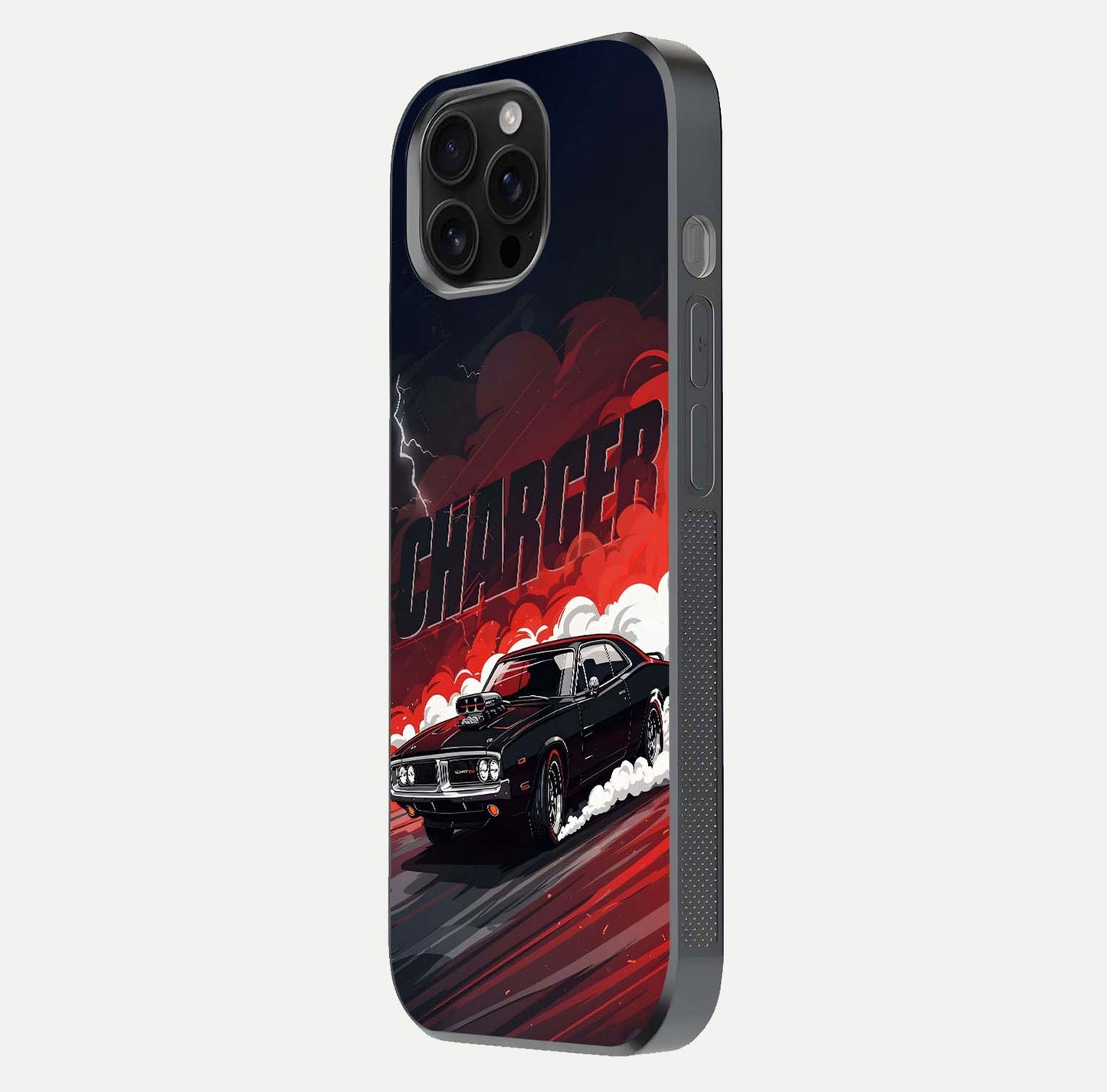 Dark Charger Fury Glass Case for iPhone 16 Pro Max side-angle image showing edge gloss and bold tone
