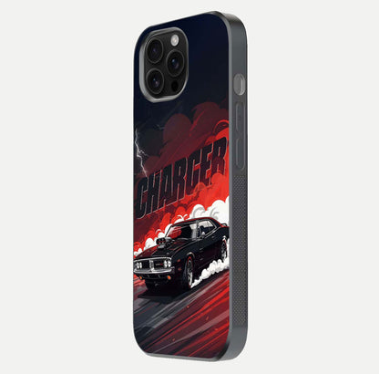 Dark Charger Fury Glass Case for iPhone 16 Pro Max side-angle image showing edge gloss and bold tone