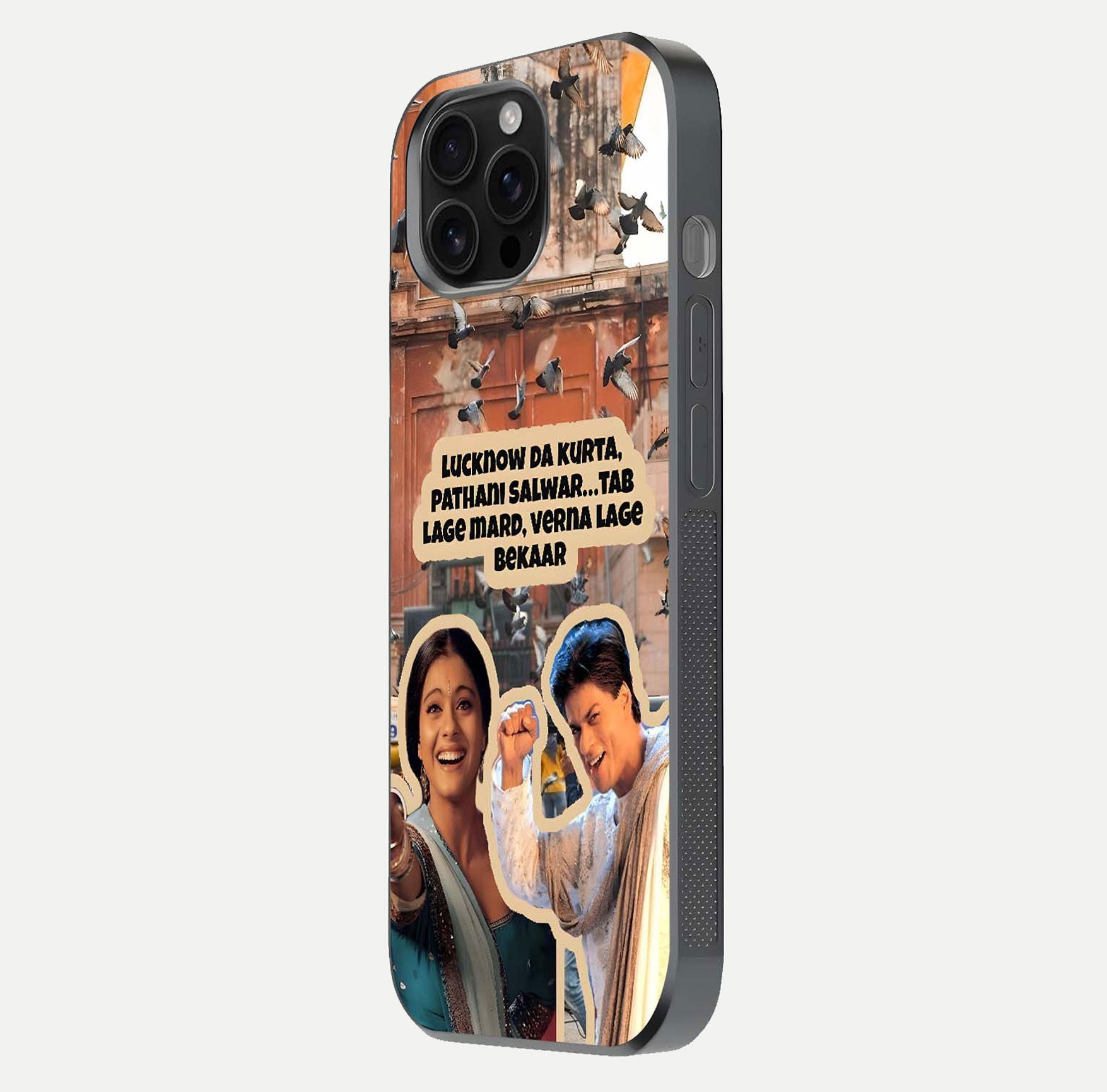 Desi Retro Vibes Glass Case for iPhone 16 Pro Max side-angle image displaying gloss texture and bold pattern