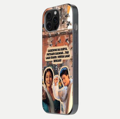 Desi Retro Vibes Glass Case for iPhone 16 Pro Max side-angle image displaying gloss texture and bold pattern