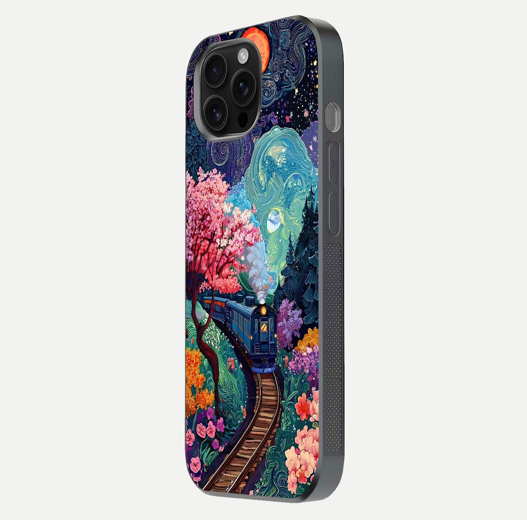 Digital Art Glass Case for iPhone 16 Pro Max side-angle photo showing shine depth and artistic clarity