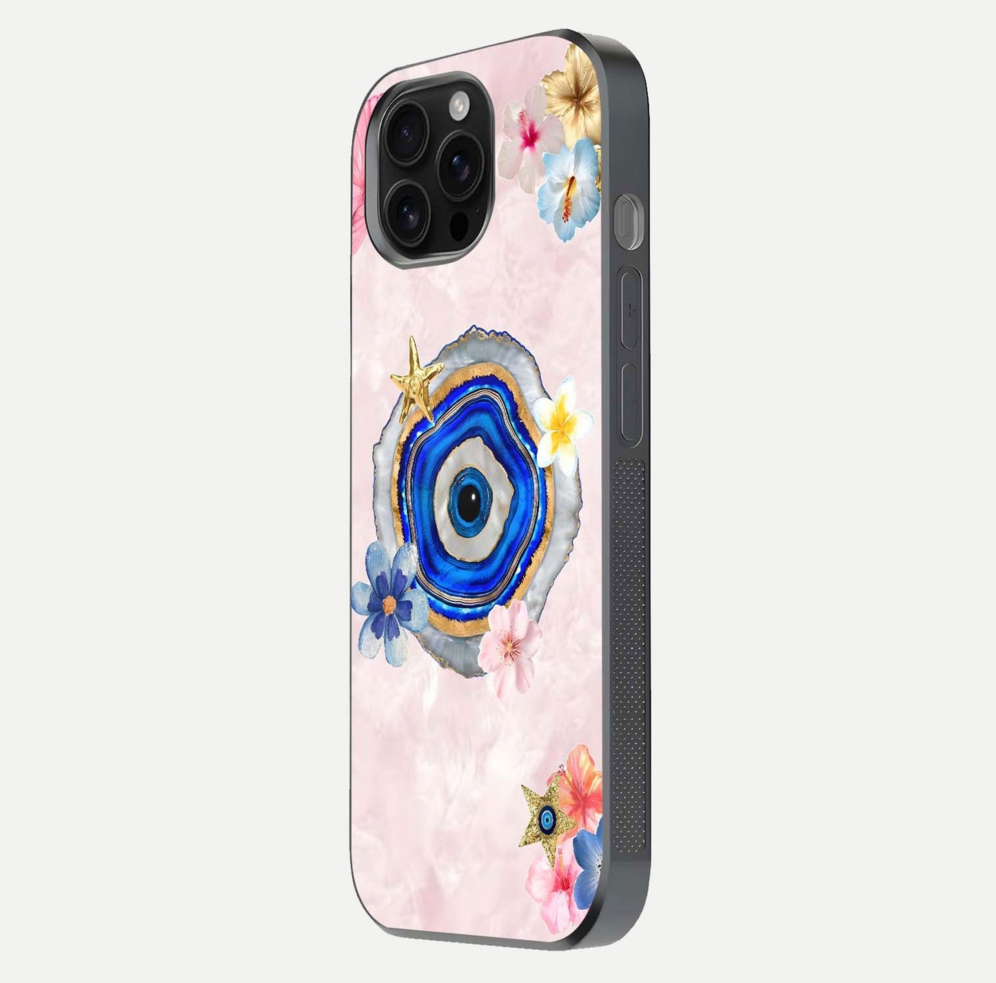 Divine Aura Bloom Glass Case for iPhone 16 Pro Max side-angle photo capturing reflection glow and premium polish