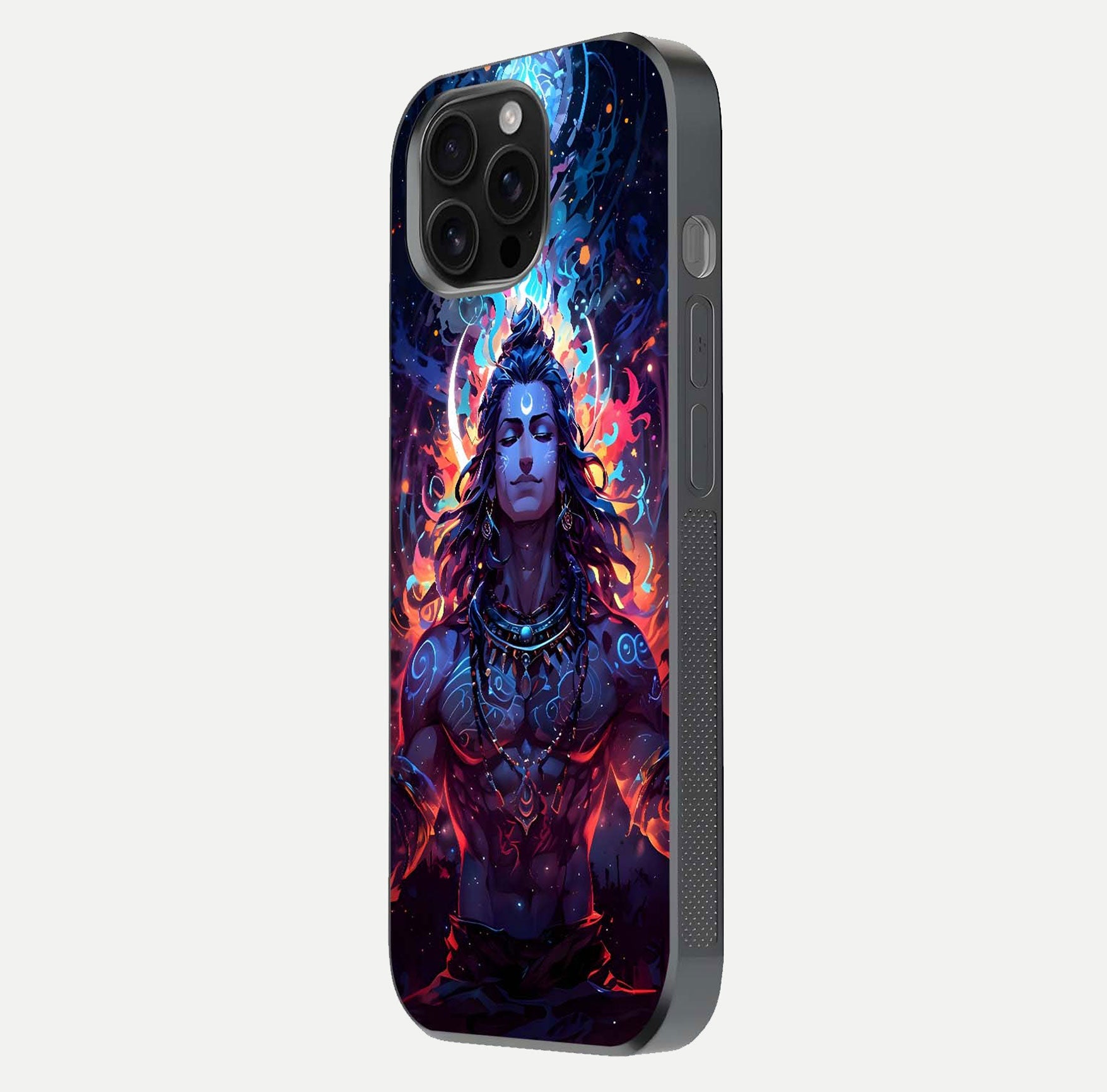 Divine Fire Shiv Glass Case for iPhone 16 Pro Max side-angle image showing reflection clarity and shine