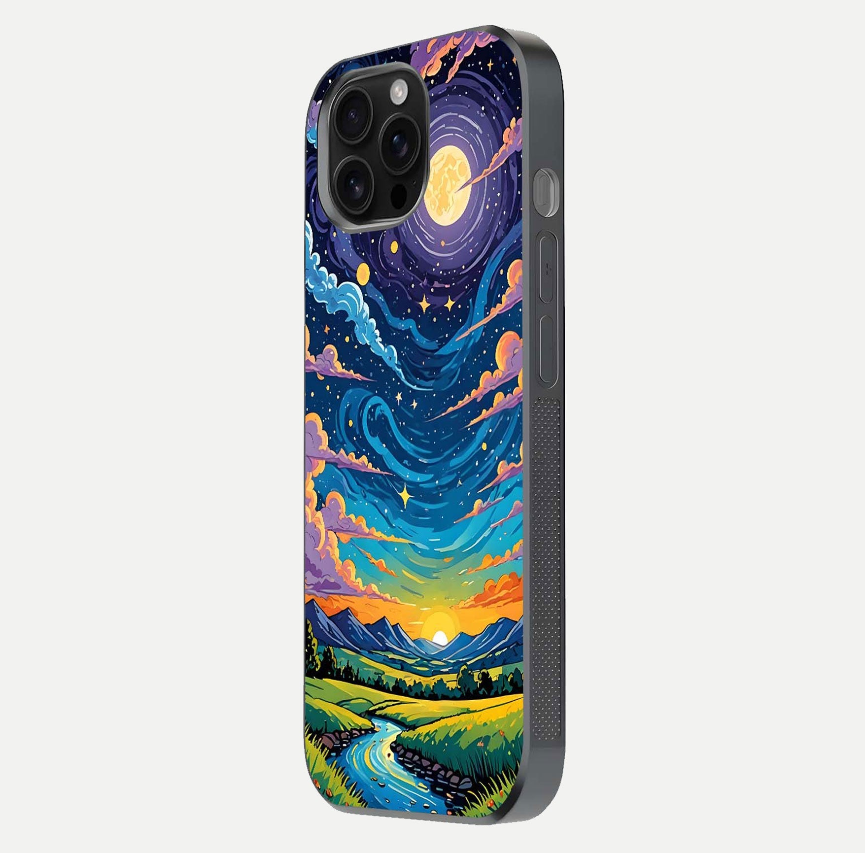 Dreamy Night Landscape Glass Case for iPhone 16 Pro Max side-angle photo capturing reflection glow and edge detail