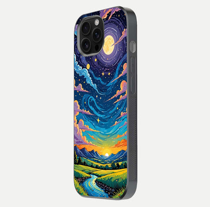 Dreamy Night Landscape Glass Case for iPhone 16 Pro Max side-angle photo capturing reflection glow and edge detail