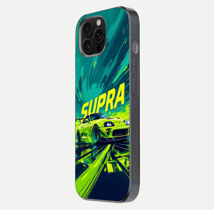 Electric Supra Thunder Glass Case for iPhone 16 Pro Max side-angle photo showing sleek car outline and reflective shine