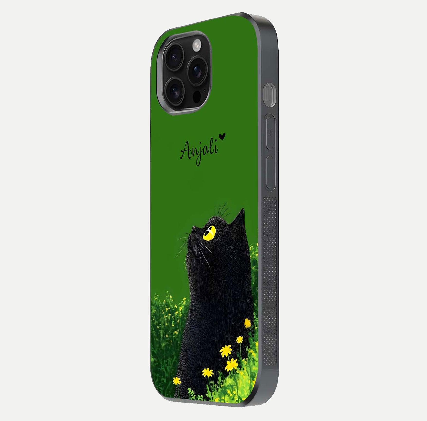 Emerald Cat Custom Name Glass Case for iPhone 16 Pro Max side-angle photo showing name clarity and glass reflection