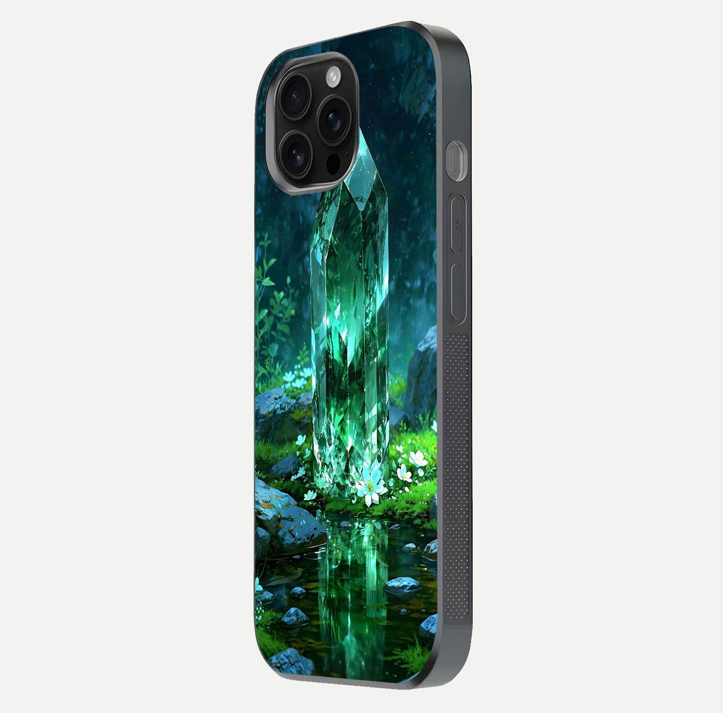 Emerald Light Crystal Glass Case for iPhone 16 Pro Max side-angle image showing gloss reflection and curved border