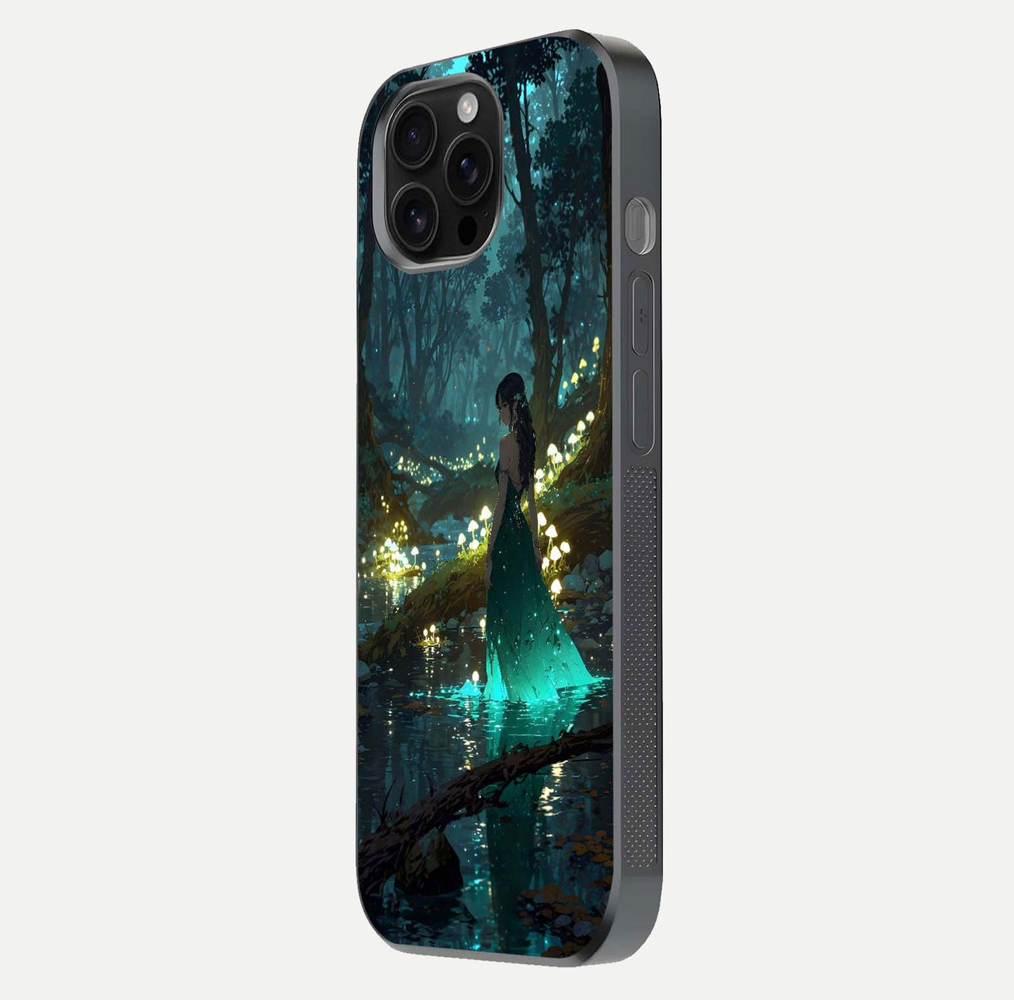 Enchanted Forest Glow Glass Case for iPhone 16 Pro Max side-angle image capturing shine reflection and rich detail