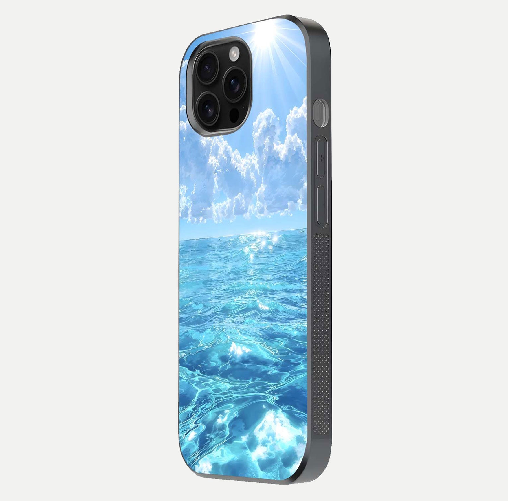 Endless Ocean Horizon Glass Case for iPhone 16 Pro Max side-angle photo showing reflection glow and wave tone