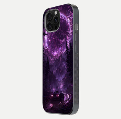 Eternal Cosmic Drive Glass Case for iPhone 16 Pro Max side-angle image showing reflection texture and color contrast
