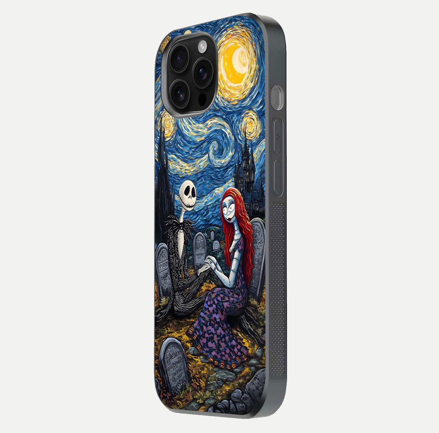 Eternal Night Love Glass Case for iPhone 16 Pro Max side-angle photo showing edge shine and soft reflection