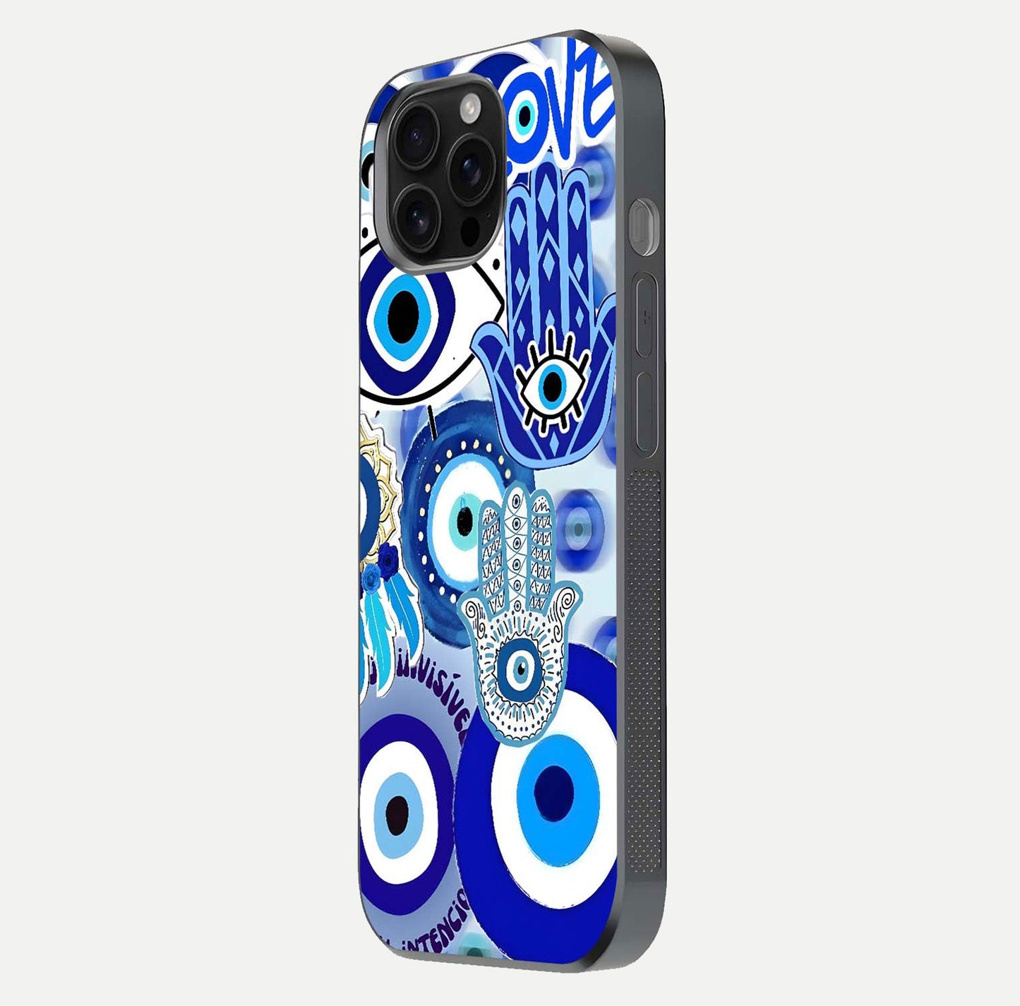 Evil Eyes Dream Glass Case for iPhone 16 Pro Max side-angle photo capturing smooth edges and reflective texture