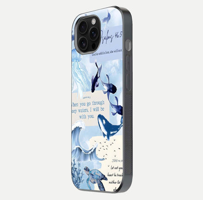 Faithful Ocean Promise Glass Case for iPhone 16 Pro Max side-angle photo showing reflection glow and color clarity