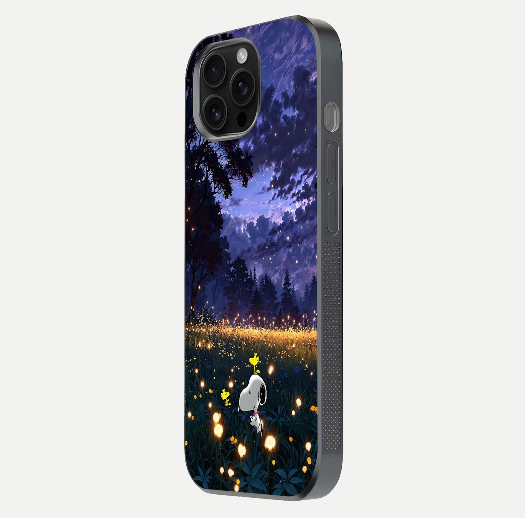 Firefly Meadow Magic Glass Case for iPhone 16 Pro Max side-angle image capturing glow reflection and fine texture