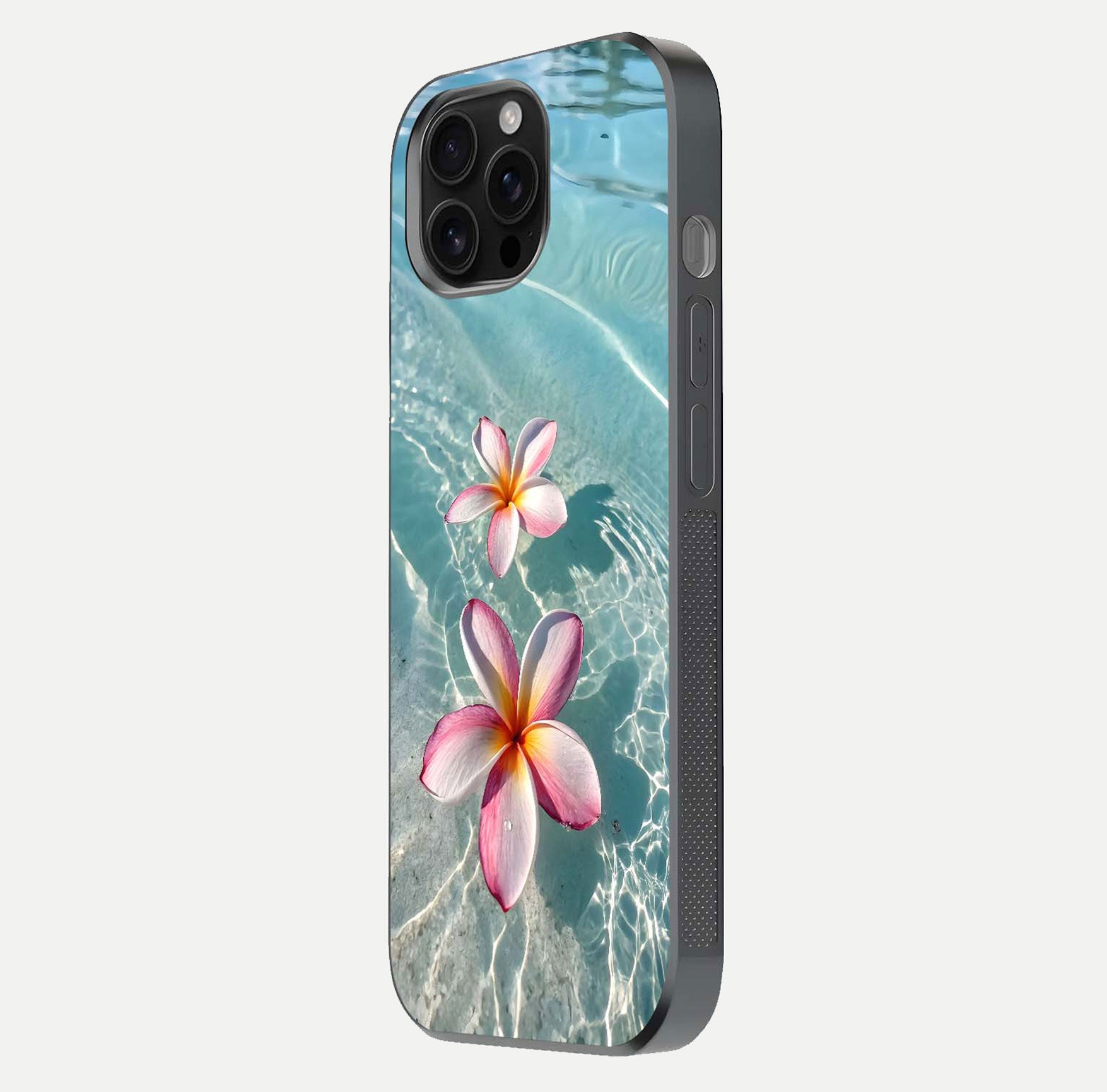 Floating Bloom Bliss Glass Case for iPhone 16 Pro Max side-angle photo showing smooth reflection and elegant curve