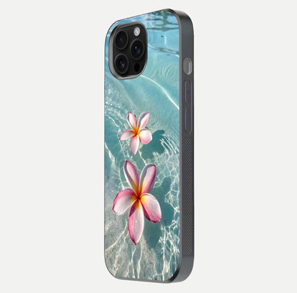 Floating Bloom Bliss Glass Case for iPhone 16 Pro Max side-angle photo showing smooth reflection and elegant curve