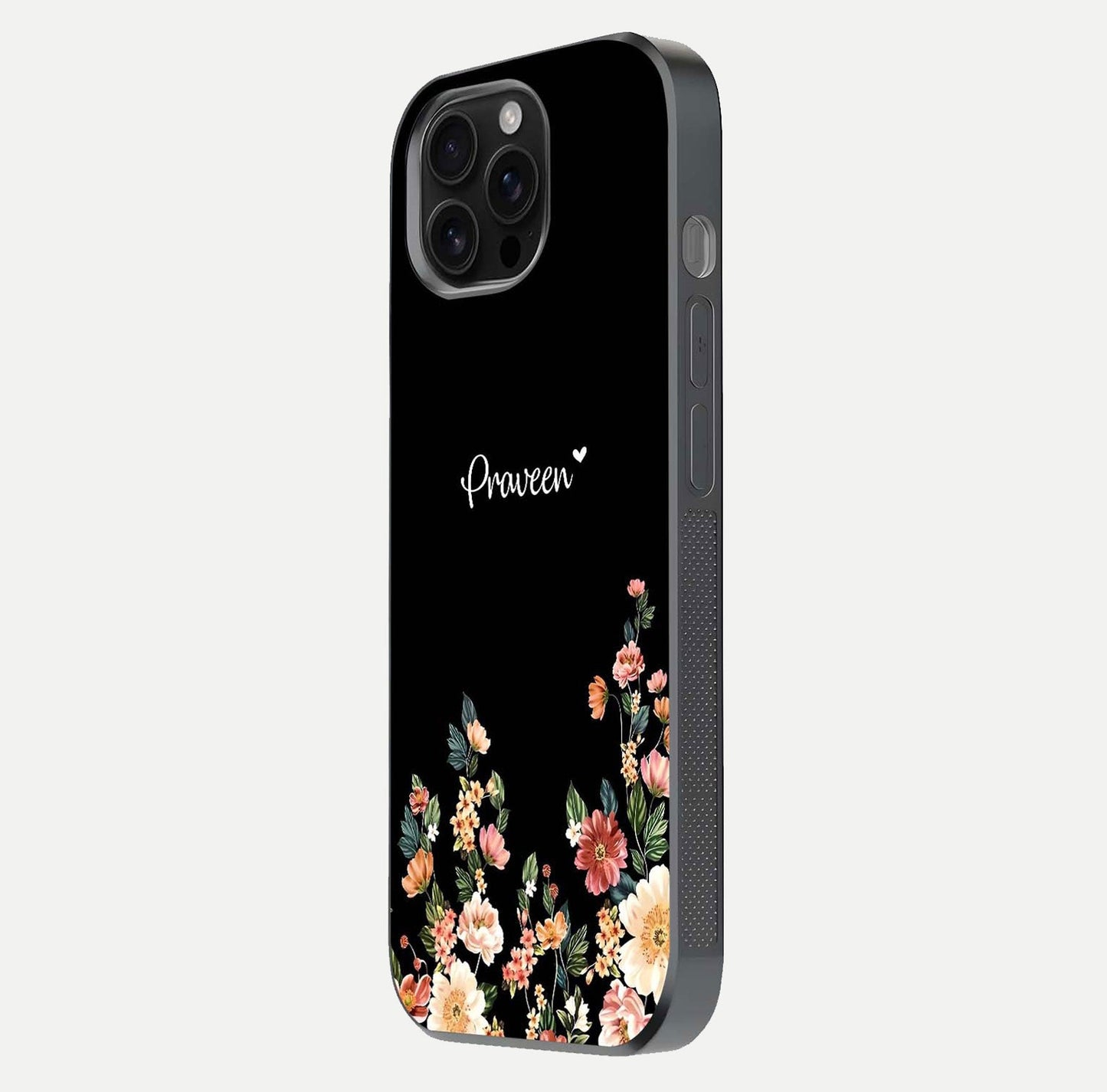 Floral Design Personalized Custom Name Glass Case for iPhone 16 Pro Max side-angle image showing name alignment and gloss shine