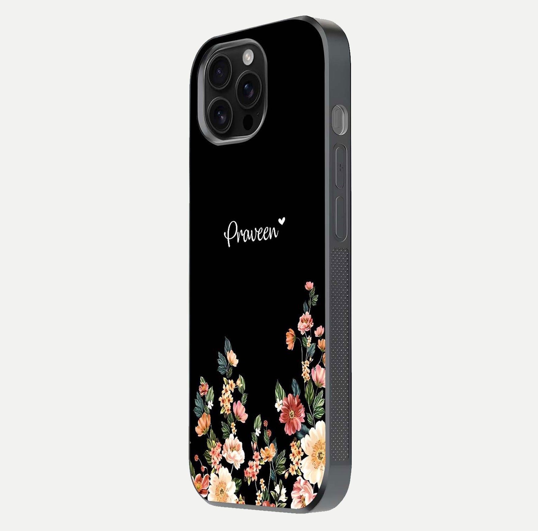 Floral Design Personalized Custom Name Glass Case for iPhone 16 Pro Max side-angle image showing name alignment and gloss shine