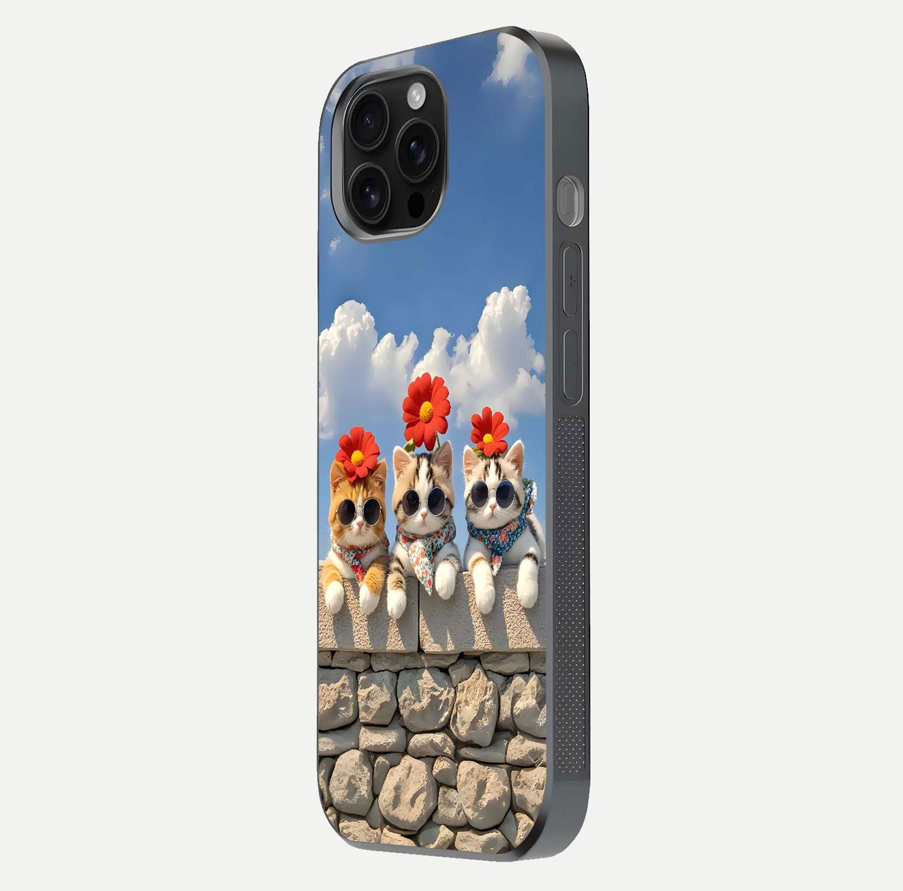 Floral Kitty Squad Glass Case for iPhone 16 Pro Max side-angle photo showing reflection glow and polished surface