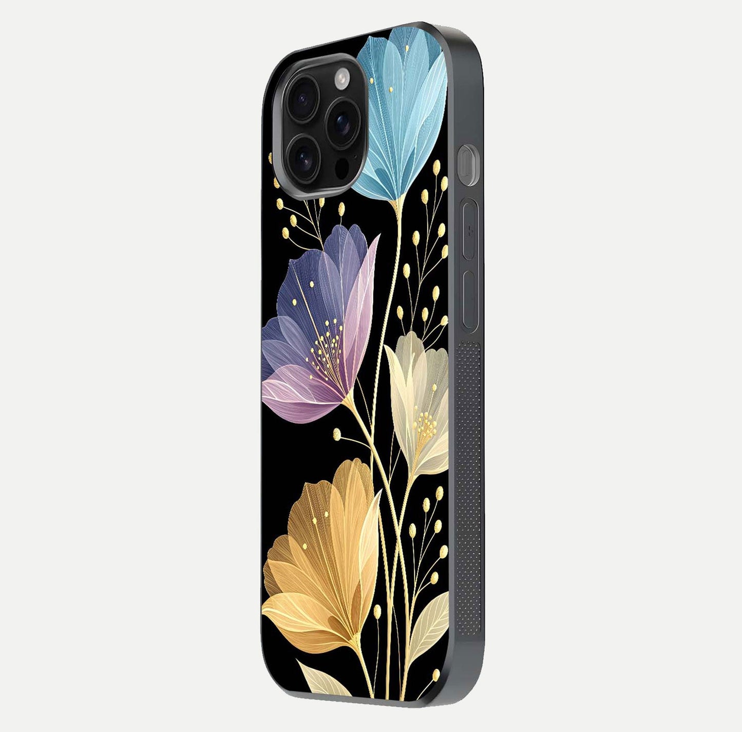 Flower Bloom Glow Glass Case for iPhone 16 Pro Max side-angle image capturing gloss reflection and flower glow