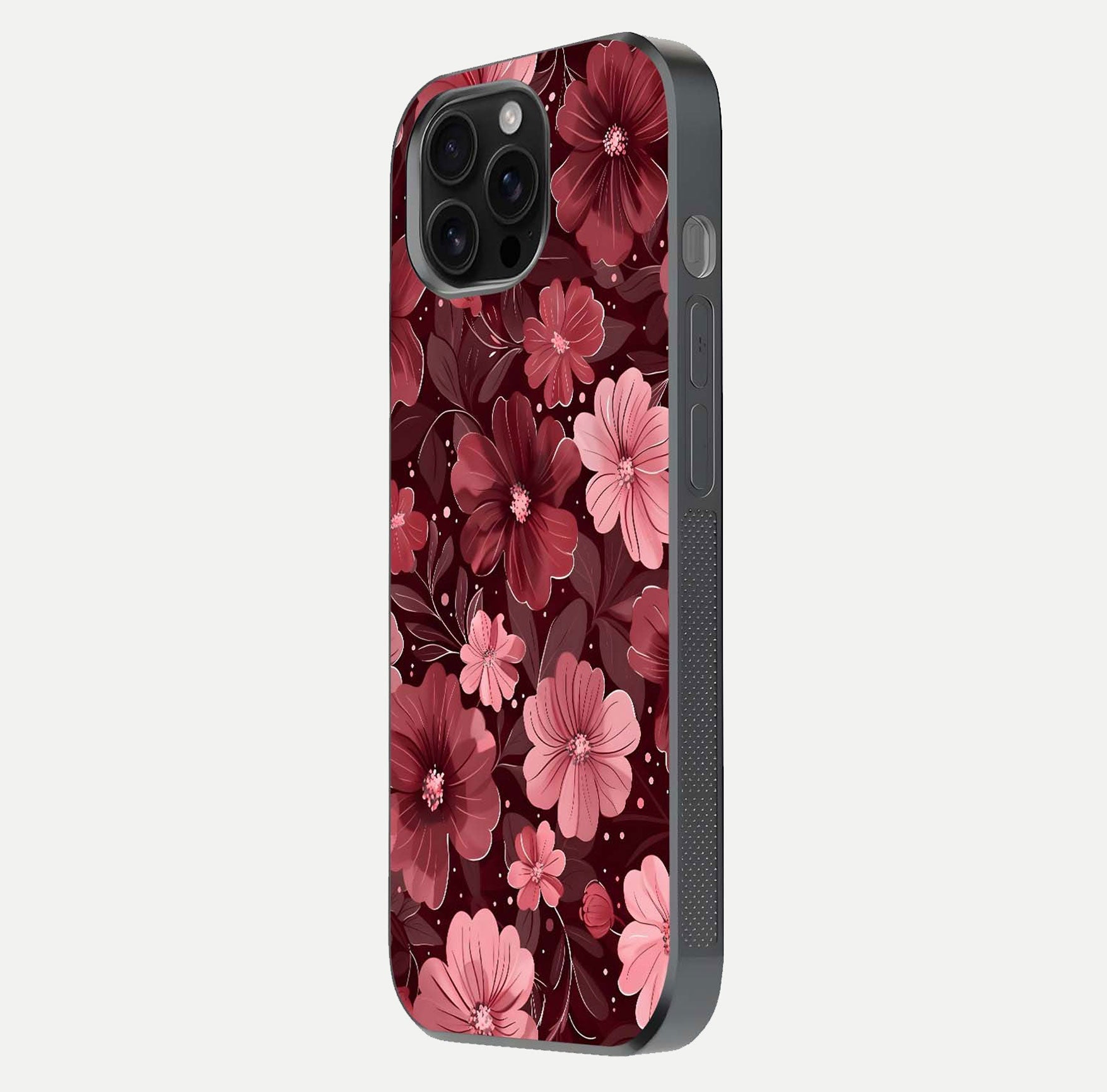 Flower Blush Bloom Glass Case for iPhone 16 Pro Max side-angle photo showing glass reflection and delicate hues