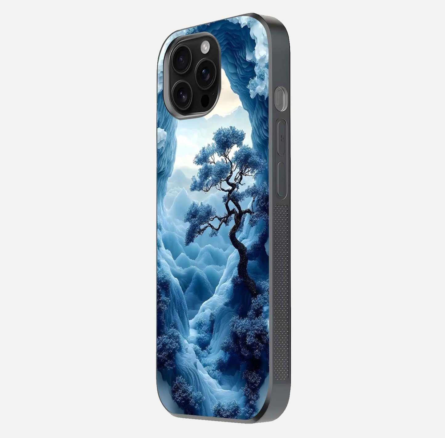 Frozen Serenity Gate Glass Case for iPhone 16 Pro Max side-angle photo showing reflective surface and cold tones